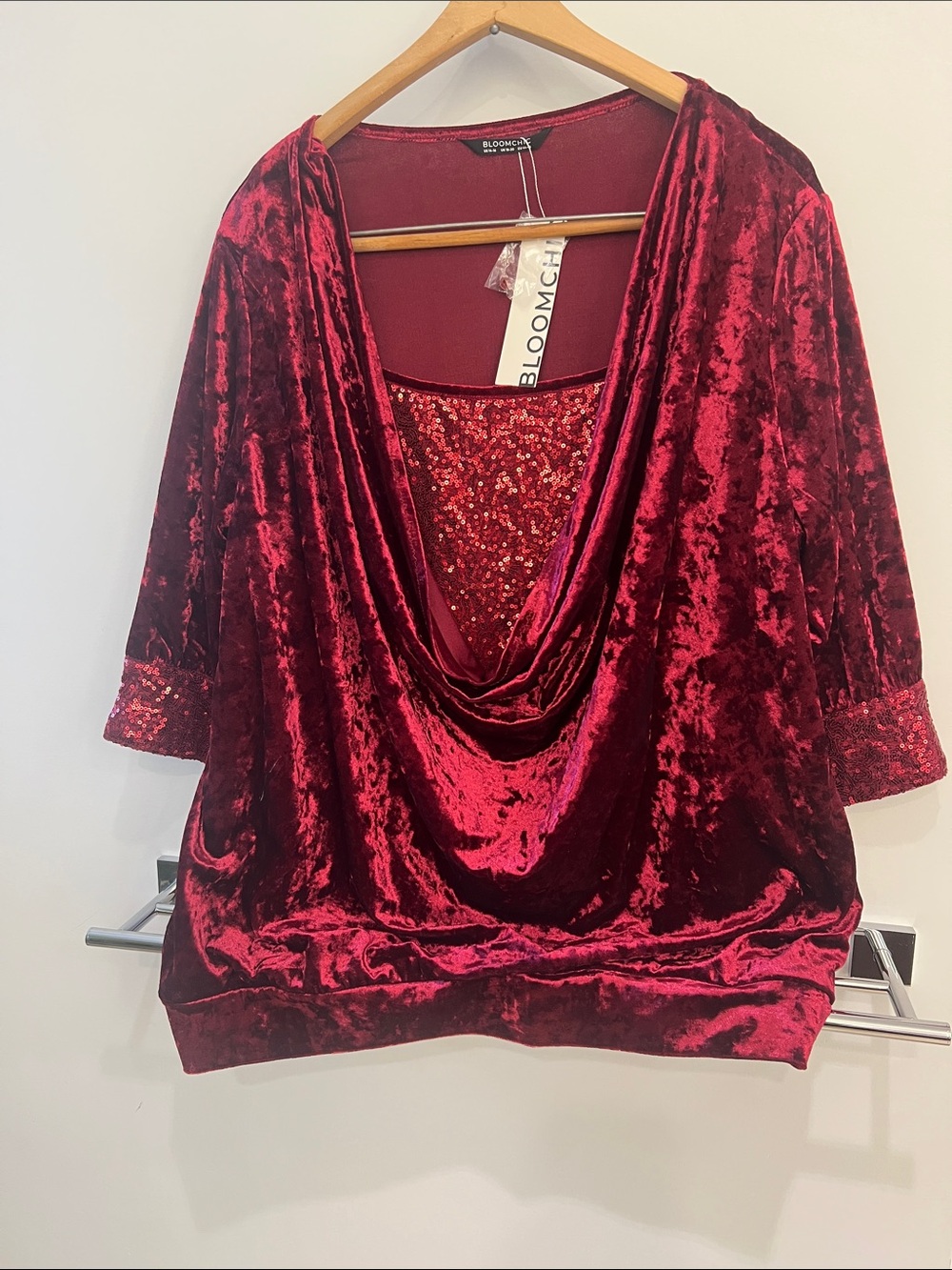 BloomChic Burgundy Velvet Drape-Sequin Women's Top 1X